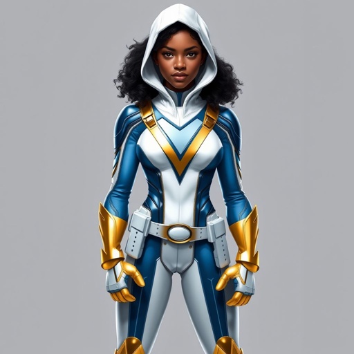 A teenage African American female superhero  wearing a white hood over a professionally made slightly armored white and blue suit with blue pants gold accents and a stylized V as her chest emblem a utility belt and gold boots