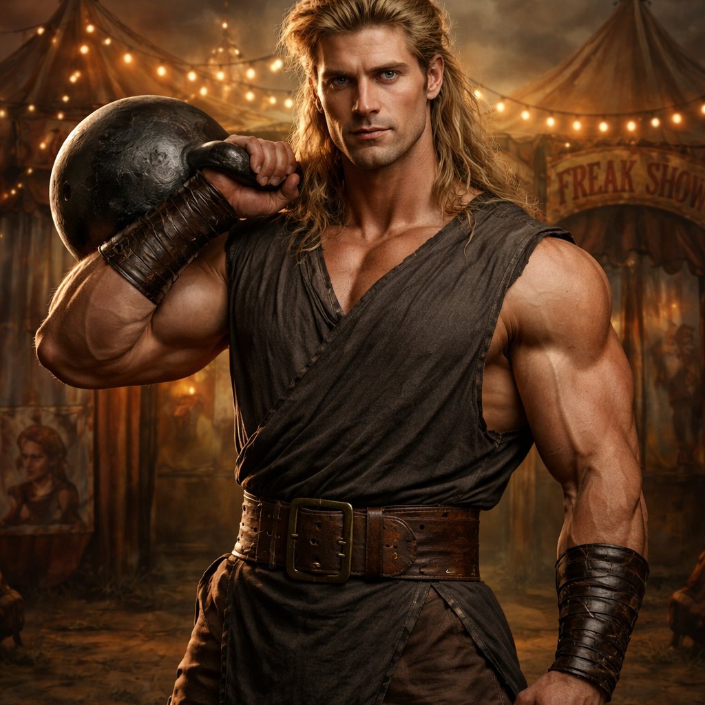 A tall well~proportioned male, so handsome he looks like a Greek god with muscles. With deep-set blue eyes and strong brows, hinting at inner depth“. His hairstyle is a blonde mullet. He works at freak show as a strong man. His outfit consistsed of a Charcoal-toned sleeveless Greek tunic, thick leather belt, leather wristbands/cuffs, brown pants.