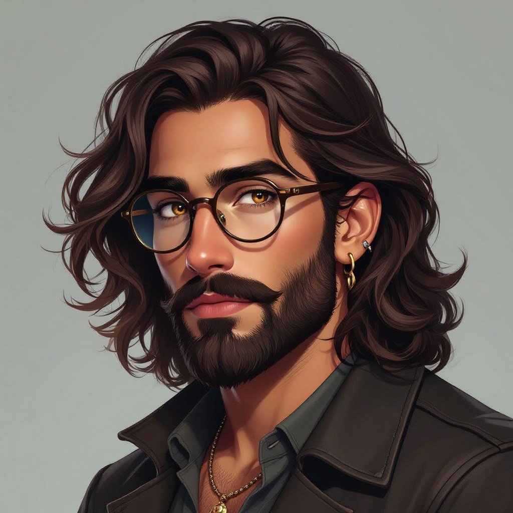 Mężczyzna o długich, ciemnobrązowych, falowanych włosach. Mocnym zaroście na brodzie i wąs. Bokobrody. Wąs wywinięty do góry. Brązowe oczy. Ubrany alternatywnie. Duże okulary z wąskimi oprawkami. Kolczyki w uszach. Okrągła twarz. Kolczyk w nosie.
