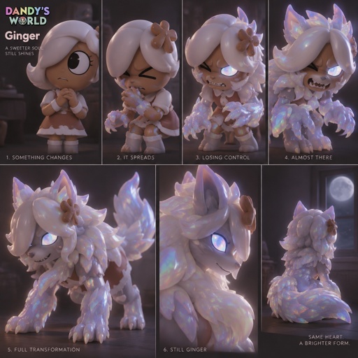 Ginger from dandy’s world turning into a opalite werewolf 