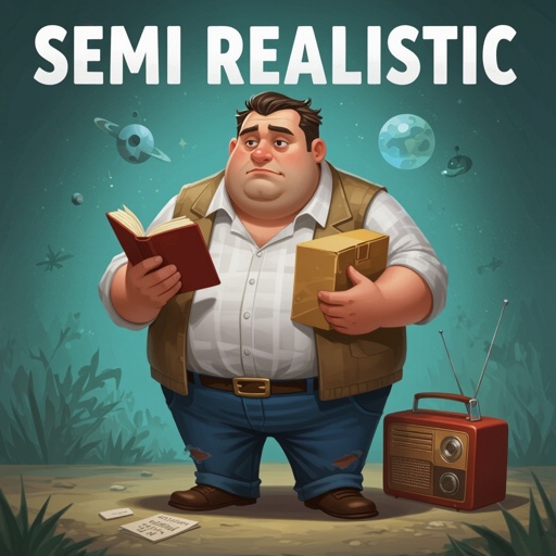 Create a funny fat guy who looks high is has a book box radio 