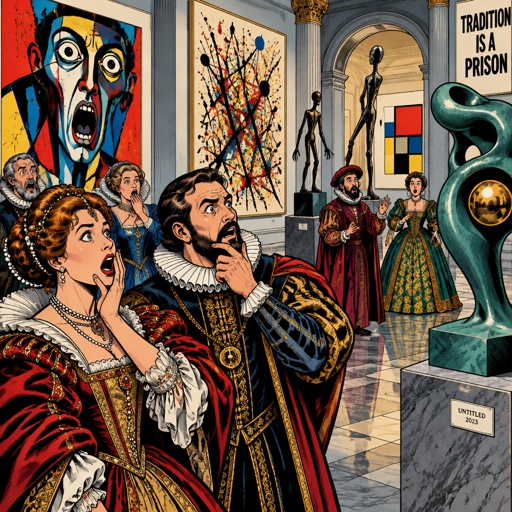 The walls of an art gallery hung in very crazy, abstract art, and a couple of crazy abstract sculptures viewing our shocked and outraged men and women dressed in ornate Renaissance robes no speech bubble no print dots. Vivid colors. realism and depth and tone.