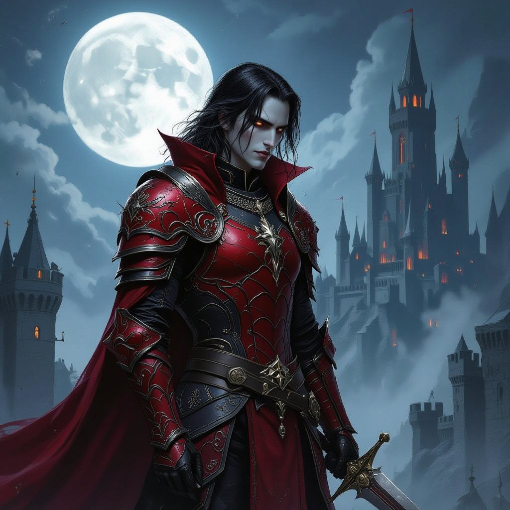 knight with his helmet off, dark hair, paleskin tone, red vampire armor