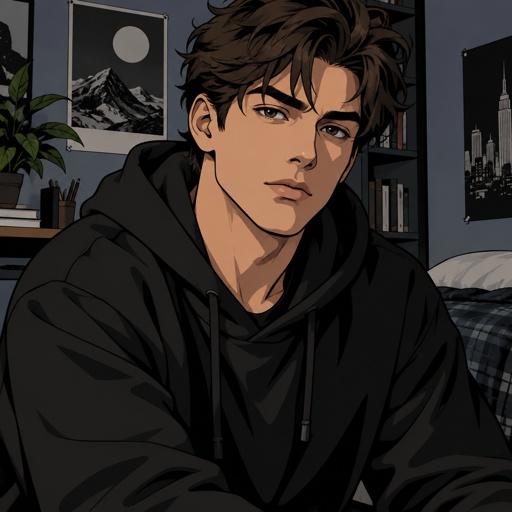 2D male character illustration, clean bold black outlines, flat colors, cel shading, simple sharp shadows, stylized digital drawing, detailed face and hair, strong line art, graphic novel look, no realistic rendering