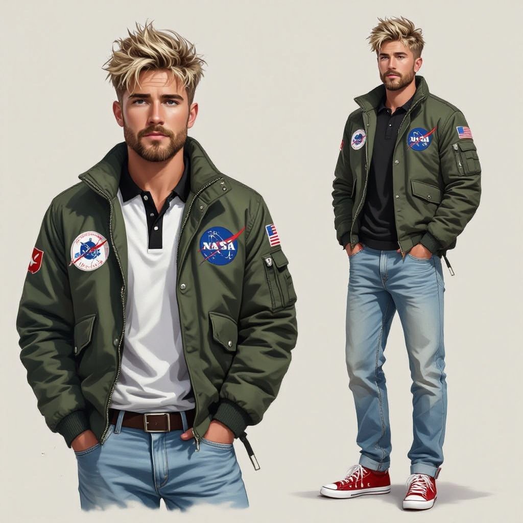 man with Dirty Blonde Unkempt Hair and Goatee. Astronaut Flight Jacket Black And White Polo and Light blue denim jeans with red sneakers