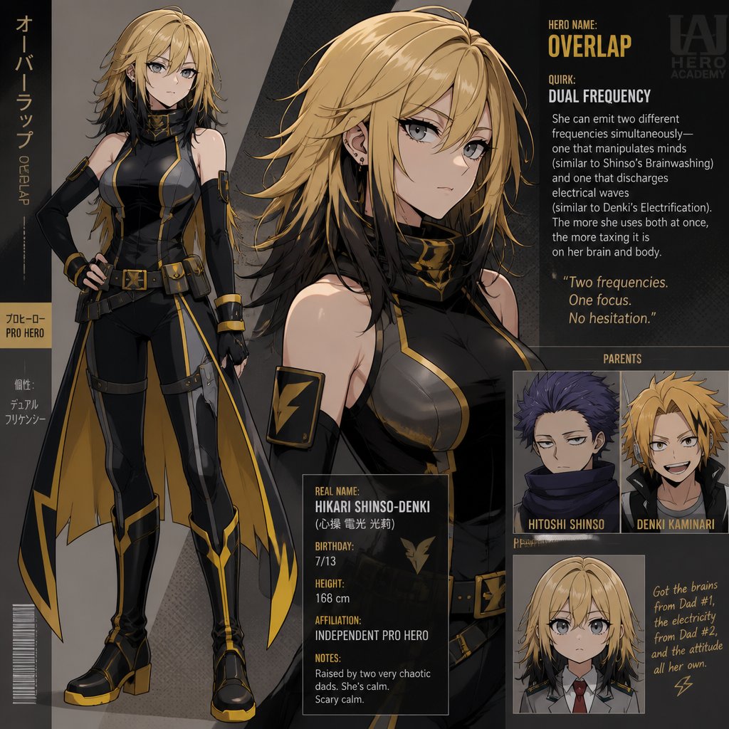 Adult girl with blone hair with black tips and ash gray eyes wearing pro hero outfit and the daughter of shinso and denki from my hero academia