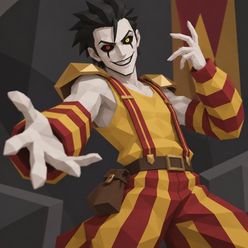 Male, white painted skin, black slick spiked back hair, one hair strand on forehead, completely black eyes, one red one yellow pupil, one black spike under eyes, black lines above lines under eyebrows, big smile, sleeveless yellow shirt, red suspenders with yellow stripes baggy, red and yellow striped arm warmers, plain gold shoulder pads, small brown sack attached to belt, posing