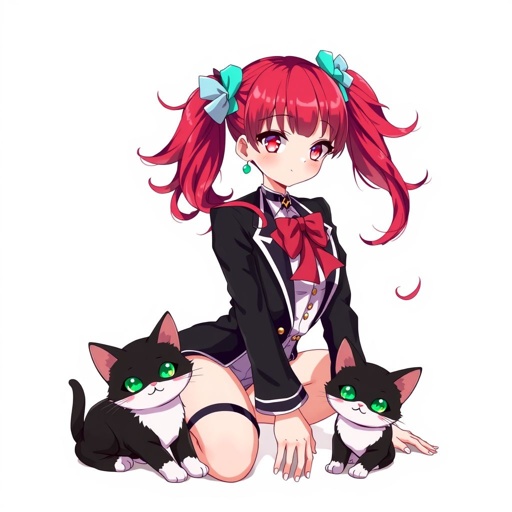 Create a anime girl with red hair, clothing.with a tuxedo cat 