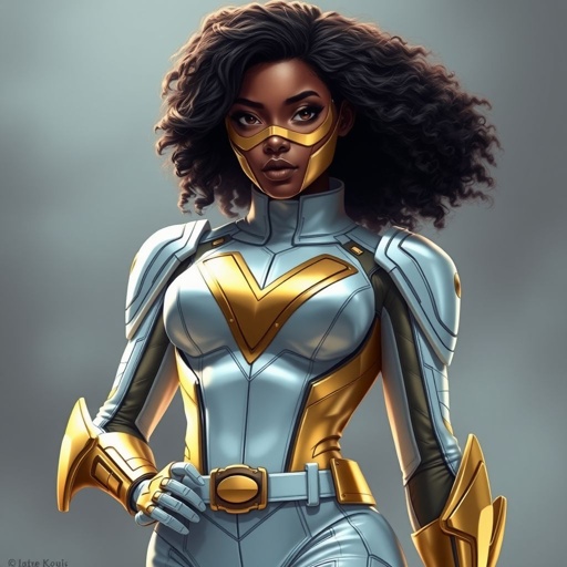 A teenage African American female with shoulder length curly hair  in a side part style superhero  wearing an armored MASK and a slightly armored white and gold suit with white pants and blue accents and a stylized V as her chest emblem a utility belt and gold boots