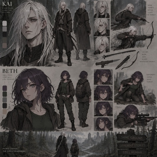 Anime style, male, name kai,highly skilled in fighting all fighting styles and weapons, long white hair half in face ,dark bags,white skin,earrings, history unknown,Female, name is Beth,medium wavy dark purple hair, gray eyes, short, open jacket with a dark green shirt, she is a Bounty Hunter for hire, she’s tracking down Kai in the woods