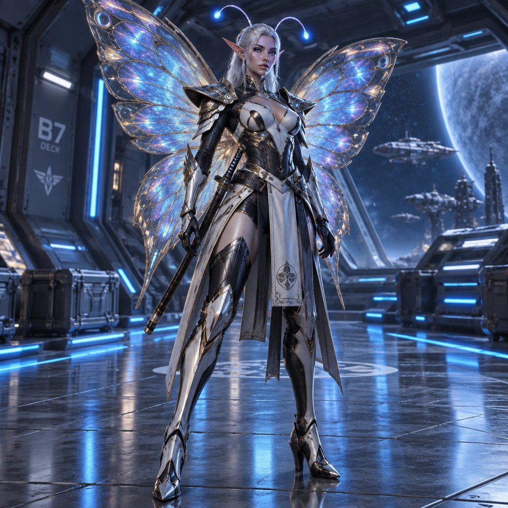 A gorgeous alien butterfly woman in a futuristic space samurai armor. Show whole body.