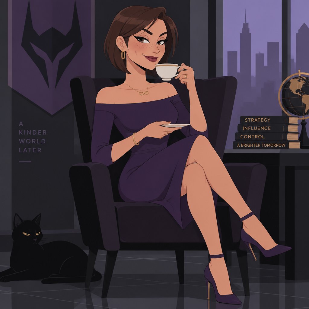 Female, slim, brown cheek length smooth front hair, neck length straight back hair, freckles, dimples, long eyeliner, upturned nose, drinking tea, bad guy, knee length purple dress off the shoulders, jewelry, necklace infinity symbol, heels, wedding ring, smirk, no cleavage showing
