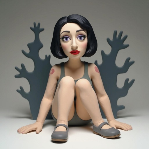 Show her shoes and entire body. Create mysterious woman jet-black hair is cut sharp to her jawline, and her violet eyes seem to pierce through darkness. A shadowy aura clings to her form, faint shapes shifting and flickering behind her like whispers of another realm. Show whole body head to toe
