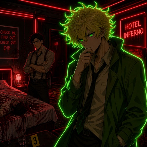 Anime Male great detective takes his job real seriously and is really good at it in his mid 20s with medium really crazy messy light blonde hair, tall thin, tied, strange green eyes wearing a baggy loose mossy green jacket tired face thinking hard about the crime scene and talking to his partner about it, partner looking annoyed at him but also concerned about him but also trying to take this case seriously they are talking about the crime scene and what could have happened and who would do this, crime scene is in hotel room, very gruesome one, no one new the person was even there and was only found out today making it harder to figure it out but the detective won't give up and do whatever he can His past was not great he had red hair and blue eyes before changing his hair and eye colors his family hatted him, he was born with the ability to camouflage and is able to change his colors which is how he got his blond hair and blue eyes