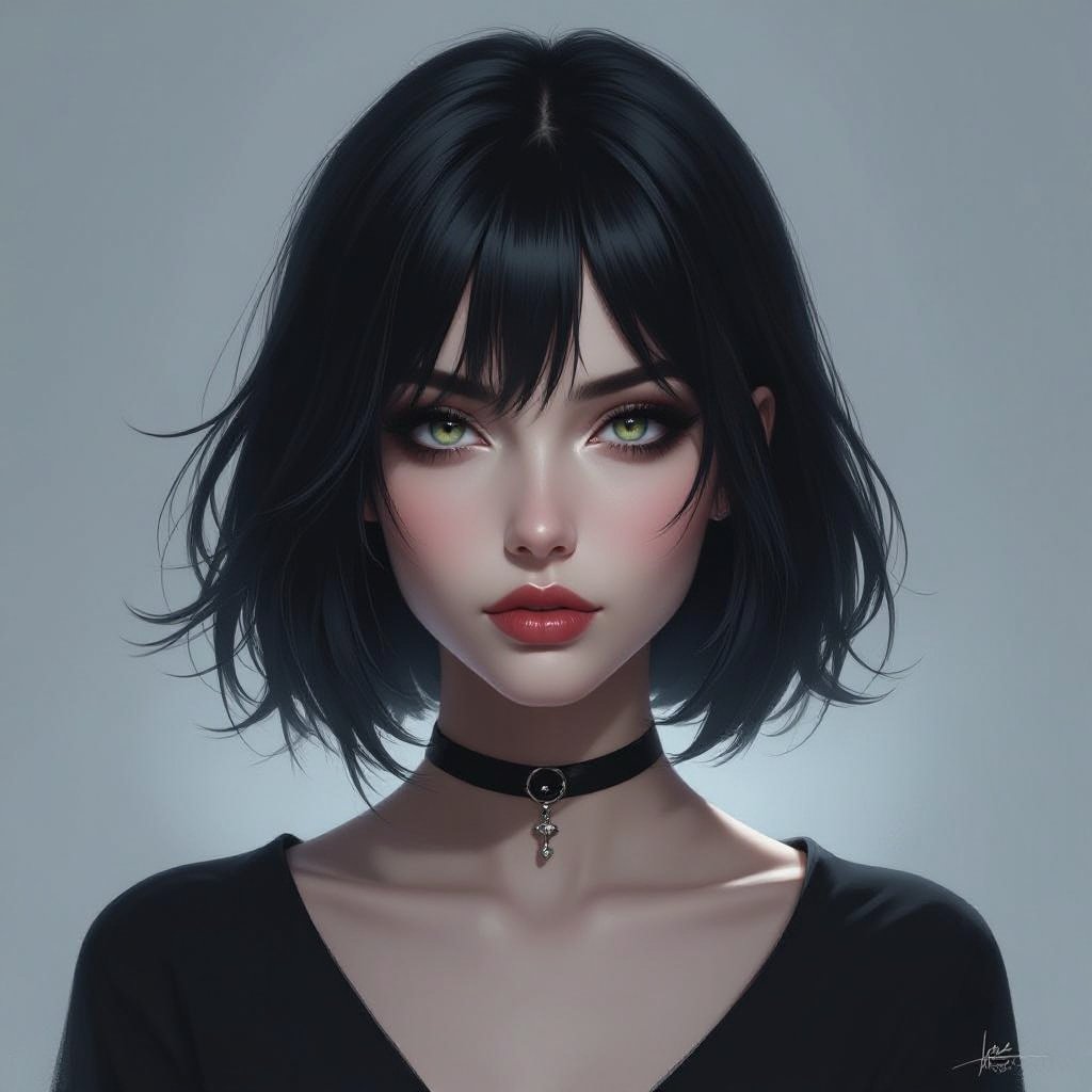 Create mysterious woman jet-black hair is cut sharpand her eyes seem to pierce through darkness. A shadowy aura clings to her form,