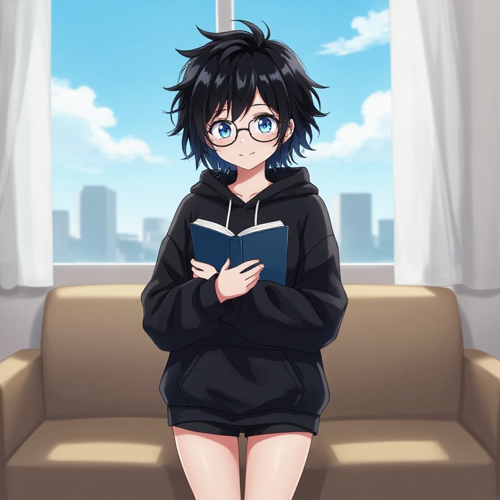 a girl with a flap chest, wears a oversized black hoodie and black shorts, has very short black, messy hair, beautiful blue eyes, wears perscription glasses, holding a book close to her chest, cute and beautiful, a my hero academia animation