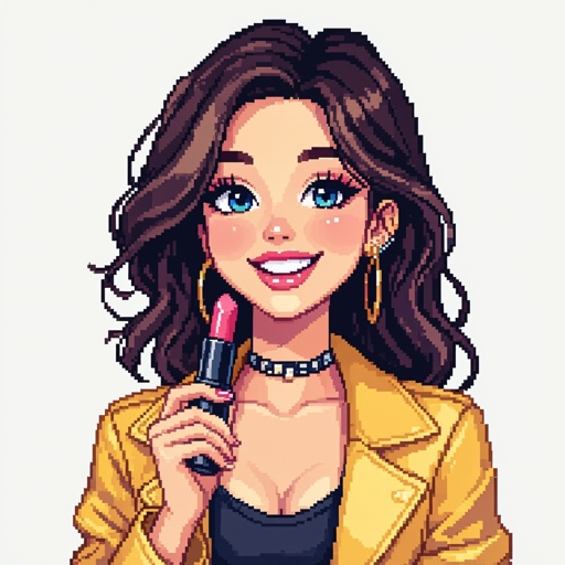 Create a character lady who is funny but about fashion and loves lipgloss