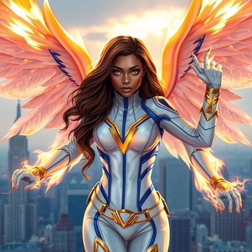 A teenage African American female superhero with brown hair with gold highlights in a shoulder length side part hairstyle with pure Gold Glowing eyes wearing a white suit with gold and royal blue  with white pants and gold and white knee length boots with a utility belt with a gold V  as her chest emblem with glowing  wings made of white fire in Philadelphia 