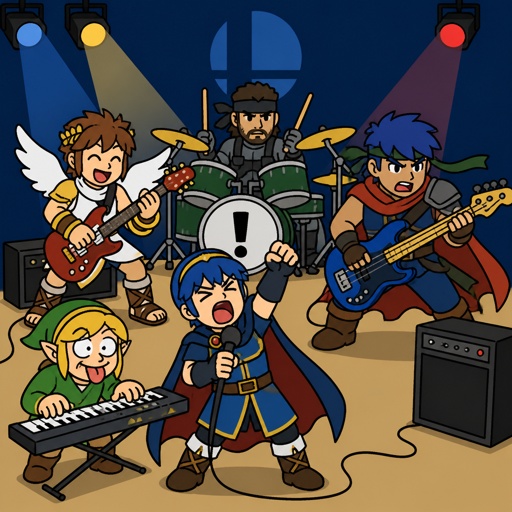 Super smash brothers link from legend of Zelda, pit from kid Icarus, Marth from fire emblem, Ike from fire emblem, Solid Snake from metal gear. There in a band, Marth singer really loud ,pit playing the guitar closing his eyes very happy ,Ike playing the bass with aggressive face expression, Solid Snake playing the drums very serious face ,link playing the electric piano looking like an idiot 