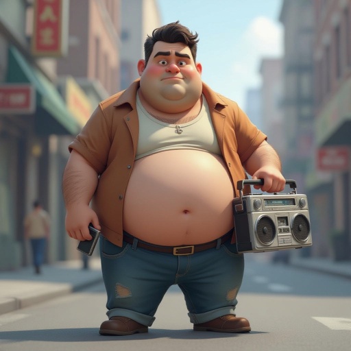 Create a funny fat guy who isnt friendly from New York  has a boom box radio , make the graphics not human 