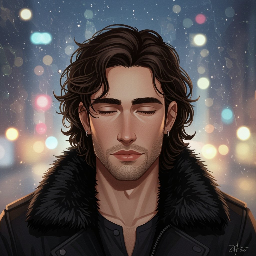 Mężczyzna o długich, lokowanych,  ciemnobrązowych, włosach. z krótkim zarostem.  ciemne oczy. Ubrany w czarną futrzaną kurtkę. Wąskie usta. Bez kolczyków. Pyzaty. Przymknięte oczy. Jasna kaukaska karnacja