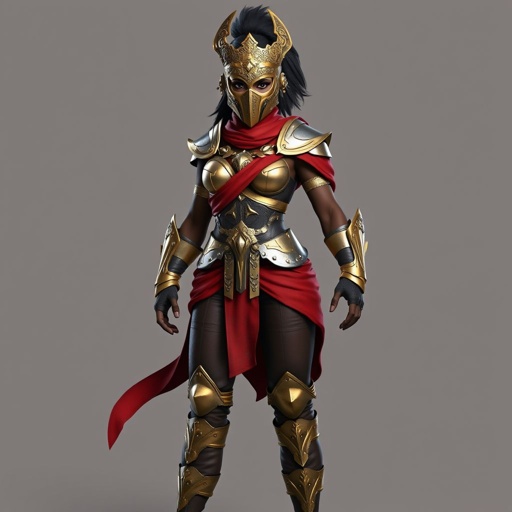 An African American woman wearing A full face female war mask with gold accents wearing a gold and silver set of chest armor with a red cloth wrapped around her waist wearing leather pants with leg armor and gold boots