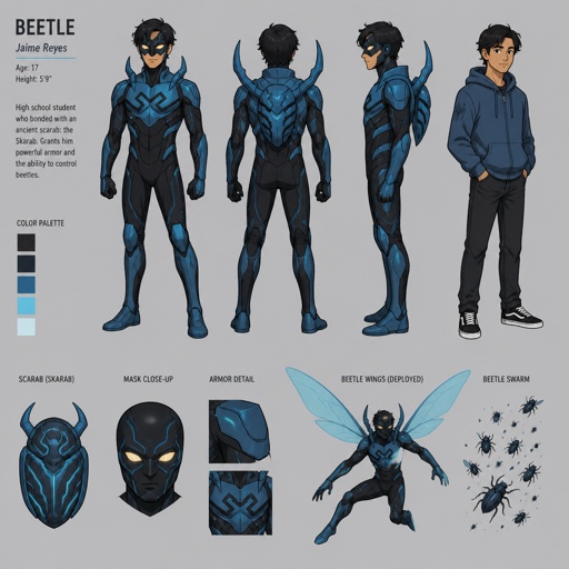 Male teen superhero with beetle powers, mask, multiple of the same character