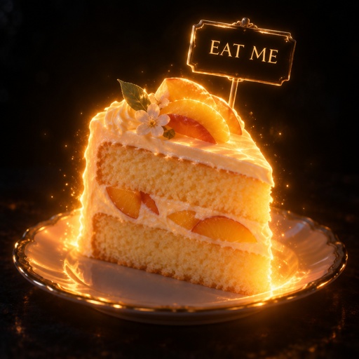 Slice of vanilla peach cake with a sign that says eat me 