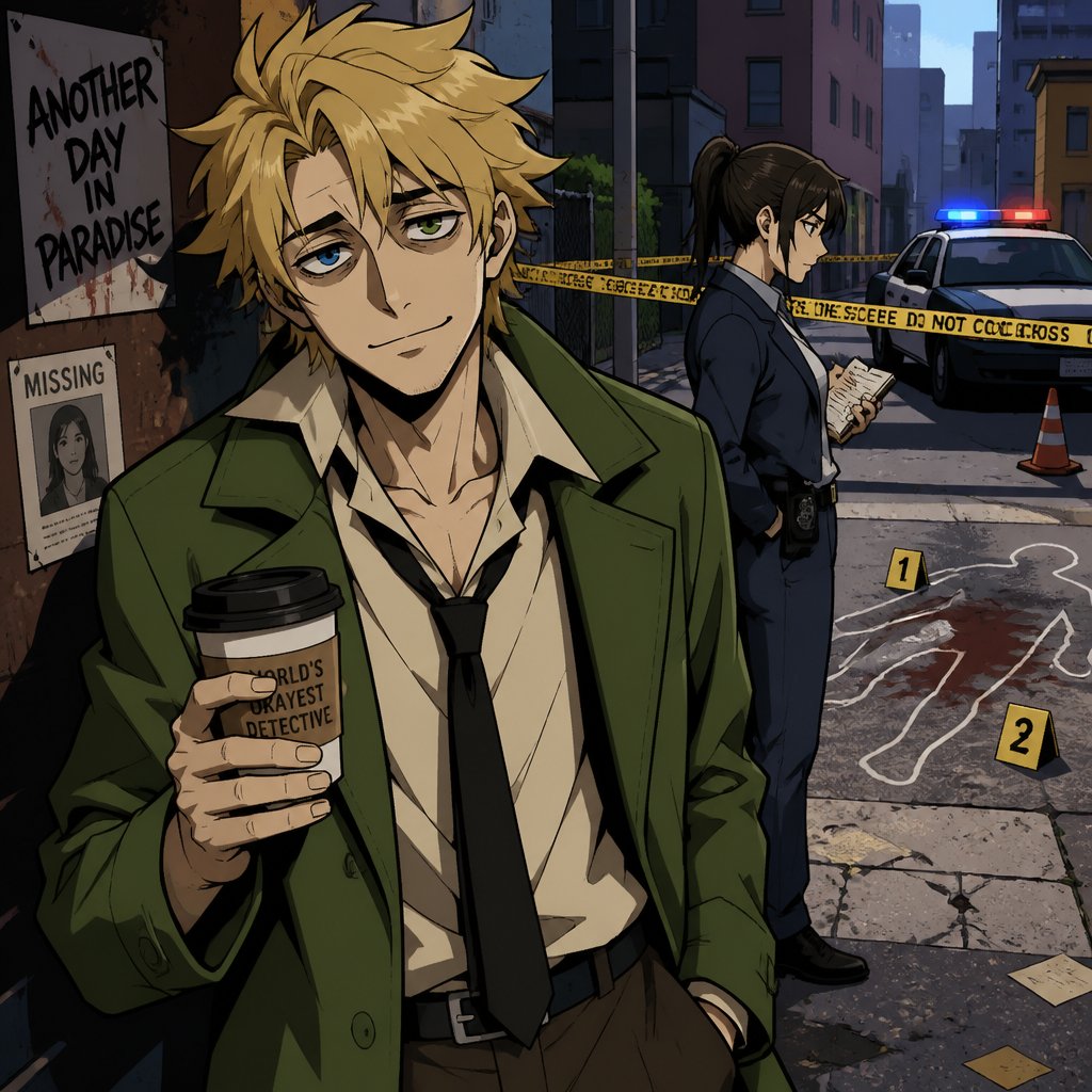 Anime Male is a detective in his mid 20s with medium really crazy messy light blonde hair no ponytail tall thin and tied, really blue and green eyes with dark bags underneath smokes lots of coffee wearing a mossy green jacket exhausted look on face kind of smiles investigating a crime scene with his partner