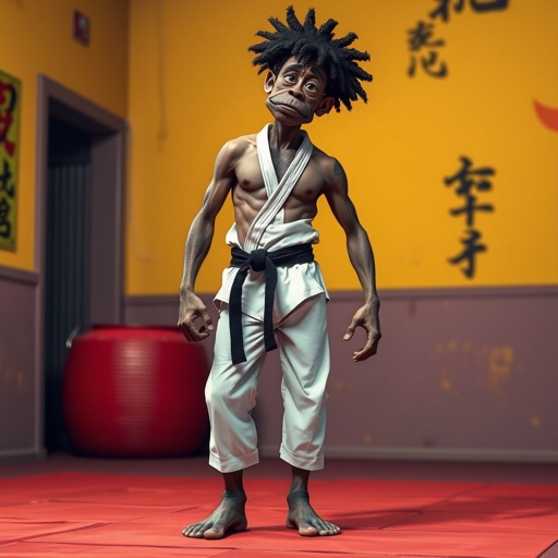 Create a character who looks like a funny African karate guy who doesn’t have a clue what he is doing. Make him have weird toes, only speedos on and a black karate belt. Make him tal skinny and slinky.