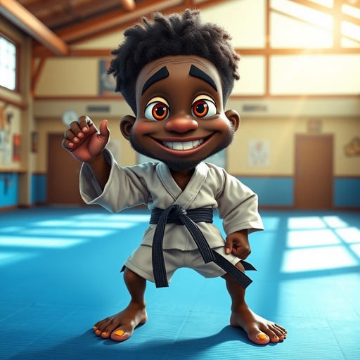 Create a character who looks like a funny African karate guy who doesn’t have a clue what he is doing. Make him have weird toes, only speedos on and a black karate belt.