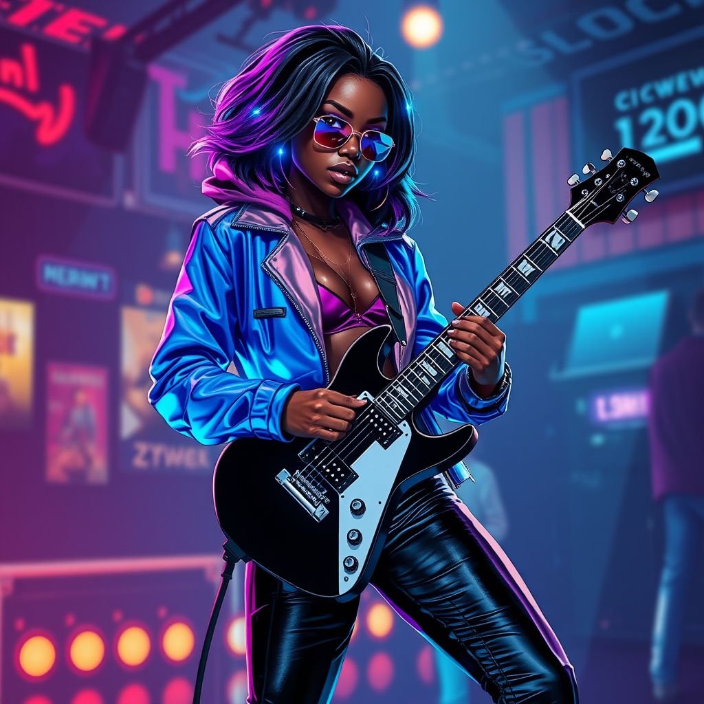 African American female cyberpunk with shoulder length hair in a layered side part style wearing a glowing blue jacket rose gold and purple shades and black jeans with black boots playing a Flying V electric guitar in a club