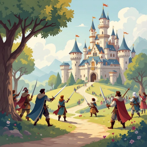 A historical world with kingdoms with some men having swords drawn