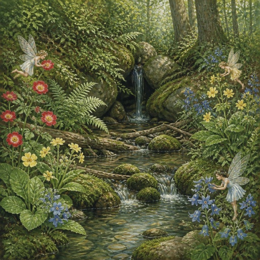 A hidden spring feeding a creek with many rocks and fallen logs that the water flows around. There is moss on the rocks as well as lots of plants along the banks of the creek that trail into the Cree as well. There are bushes and trees as well as fairies flying helping to pollinate all the different flowers 