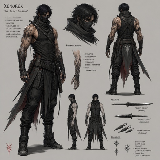 Male villain, assassin, enhanced physical abilities, concept, sleeveless