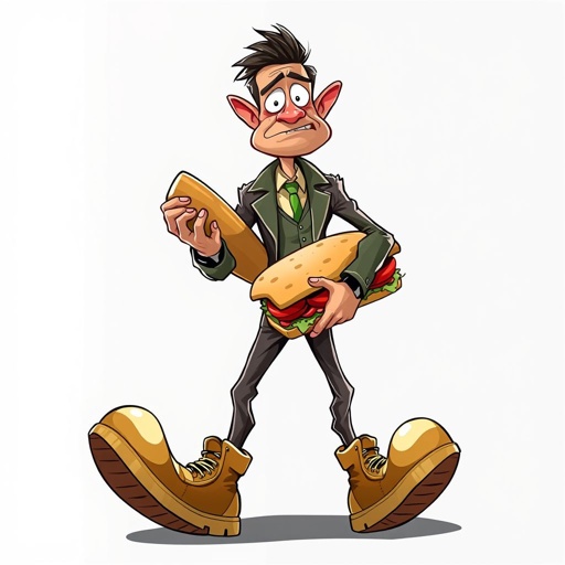 Make a tall but slickly guy, who is funny and clumsy and always looks lost. Make him have on some weird shoes also, have him like a sandwich bandit also 