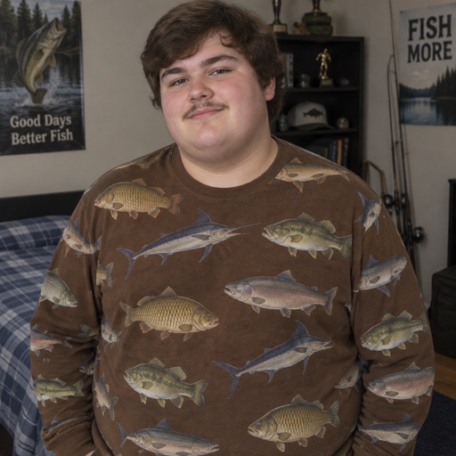 Carp Fish Swordfish Bass Fish Salmon Fish Brown Long Sleeves Shirt, Fat Human, Male, Teen Boy, Brown Hair, Pencil Mustache