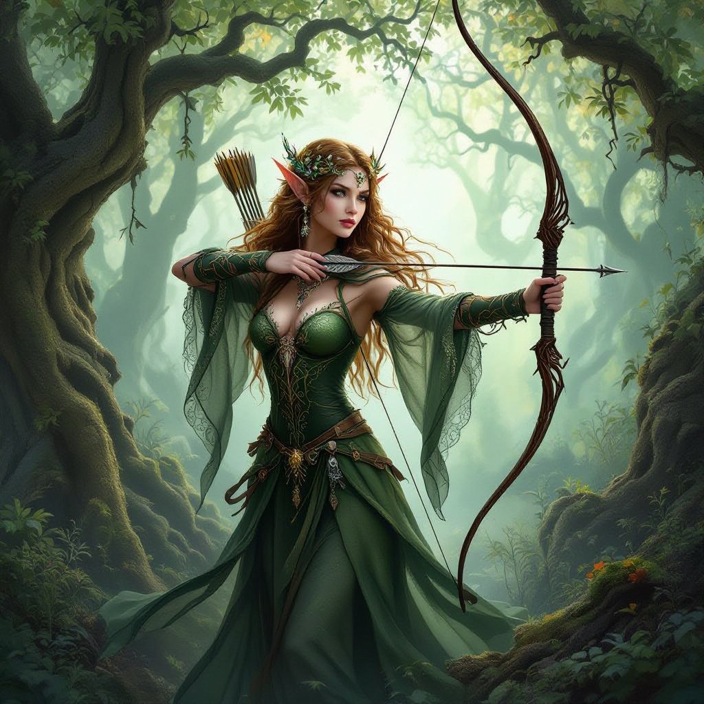 Women tree elf in the woods in a Halloween costume holding a long bow