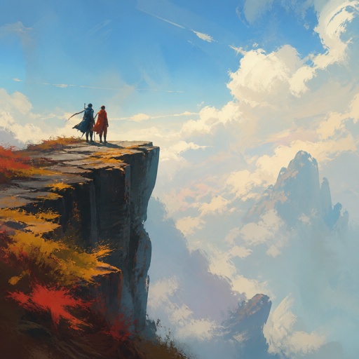 No speech bubbles. Vivid colours. No print dots people standing on the edge of a cliff, looking into emptiness.