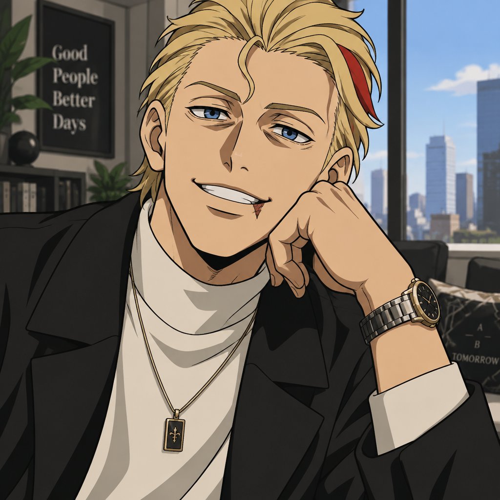 Male, blonde smooth brushed back hair, curl on forehead, red streak in hair, scar on lip, blue eyes, eye bags, happy, designer, casual clothes