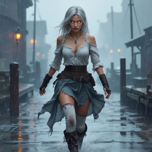 A painting of Maerriss Nex, a Half-Drow (Half-Elf) woman inspired by Emma Watson, running across the wet docks of Eendood in the pouring rain. Her skin is light ash-gray with faint violet undertones, and her eyes glow pale molten-gold with gray sclera. Her white-silver hair is loose, tangled, and soaked by wind and rain, whipping behind her.  She wears a pale linen frilled blouse, visibly worn from her escape — the right shoulder seam torn, exposing only her collarbone, while the sleeves are dirt-stained, frayed, and ripped from catching on splintered docks.  Her slate-gray reed-weave skirt follows the high-waisted, thigh-length pleated design from the reference: structured waistband, deep vertical pleats, and natural motion as she runs. The skirt is wet, heavy, and frayed at the edges with small tears at the hem.  Her white thigh-high stockings are muddy and torn at one knee. She is missing her left boot, revealing a bare, wet, muddy foot, while her right boot remains laced, scuffed, and soaked.  Rain glistens on the wooden planks beneath her as brass lanterns cast warm reflections across the puddles and fog. Her expression is fierce and determined, caught mid-stride, her blouse and skirt flaring with the motion, the storm wind and lantern glow giving the scene cinematic energy and realism.   Run it