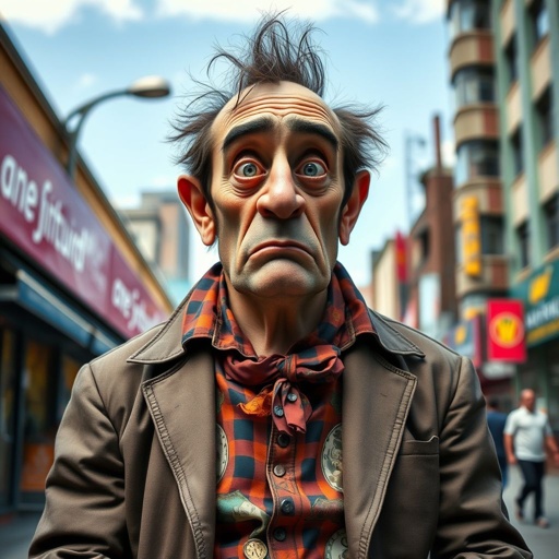 Create a funny looking serious man in the world, with a not so stylish outfit head to toe