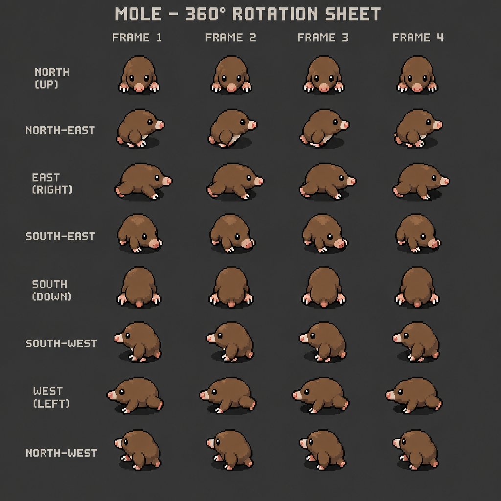 Mole for a fantasy game set in modern times, top-down style, 360