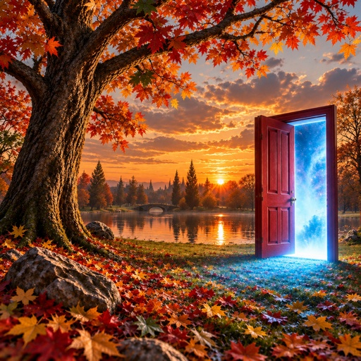 an open door in the middle of a field of leaves