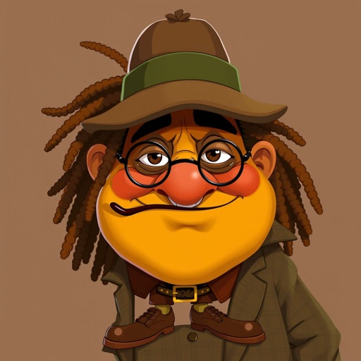Create a funny fat character similar to Sherlock Holmes, but make him of black decent and with dread locks. Show his whole outfit including his shoes.