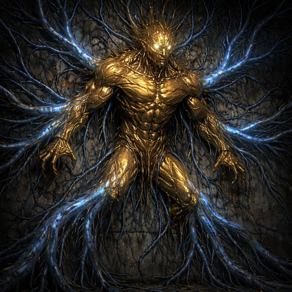 Veins on a wall connecting to a solid gold monster