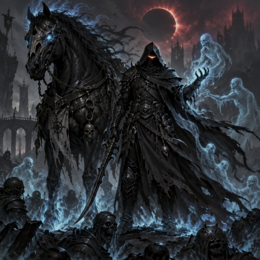 dark abyss assassin, dragon eye, large horse companion, spirit summoning abilities, horseman of the apocalypse, 