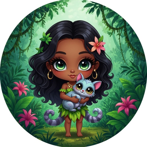 Create a chibi character lady who lives in the jungle, make her kinda dark skin