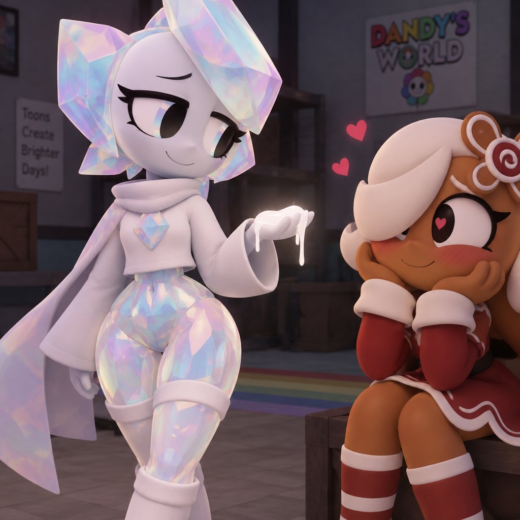 Ginger from Dandy’s world watching my dandy’s world Oc and summer main Crafter the Opalite shard who happens to be Gingers love showing her white Ichor aka Purified Ichor and Ginger notices that her legs and hips and waist are Opalite and the tops of her socks have Opalite crystals on them but she doesn’t mind