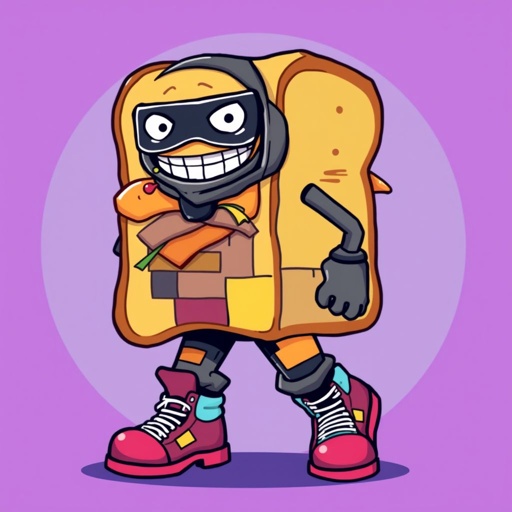 Create a funny looking clumsy sandwhich thief with funny shoes on. Make him have on the bandit black thing around his eyes 